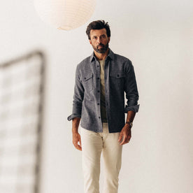 fit model walking in The Point Shirt in Heather Blue Linen Tweed