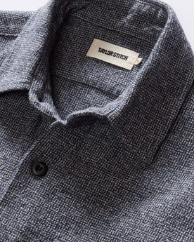 material shot of the collar on The Point Shirt in Heather Blue Linen Tweed, Wovens by Taylor Stitch