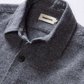 material shot of the collar on The Point Shirt in Heather Blue Linen Tweed