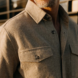 fit model showing off the collar on The Point Shirt in Heather Oat Linen Tweed