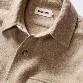 material shot of the collar on The Point Shirt in Heather Oat Linen Tweed