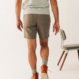 fit model showing the back of The Camp Short in Stone Chipped Canvas