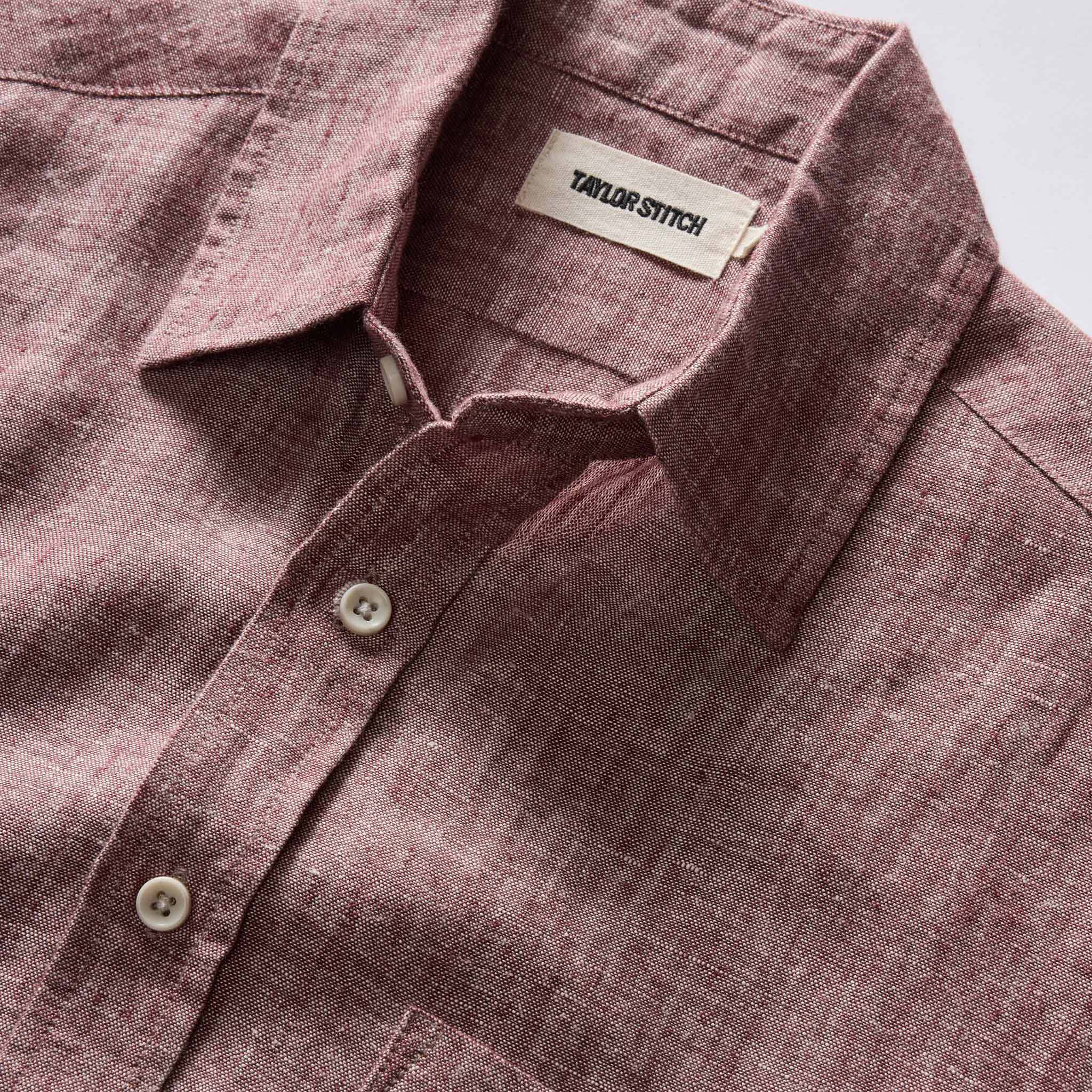 material shot of the collar on The Short Sleeve California in Dried Cherry Hemp, Wovens by Taylor Stitch