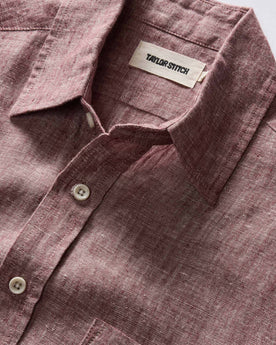 material shot of the collar on The Short Sleeve California in Dried Cherry Hemp, Wovens by Taylor Stitch