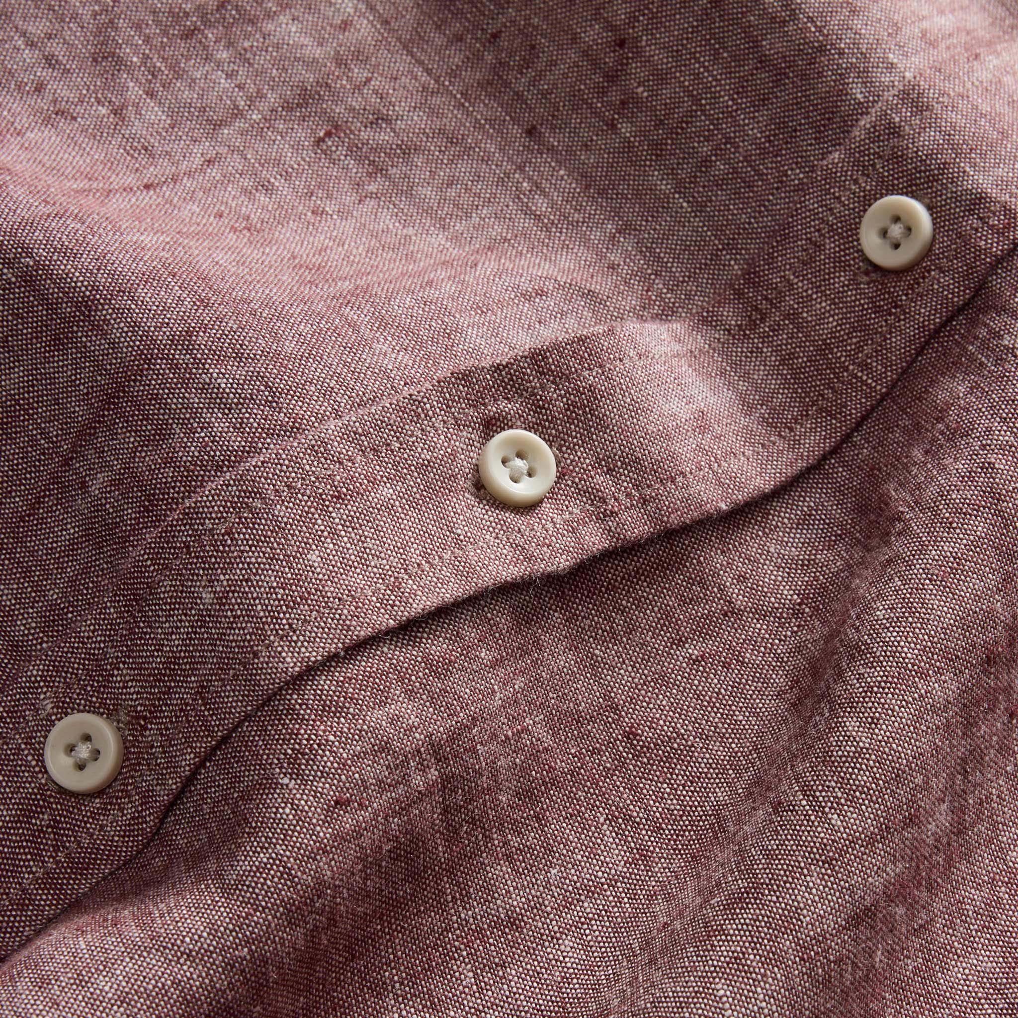 material shot of the buttons on The Short Sleeve California in Dried Cherry Hemp, Wovens by Taylor Stitch