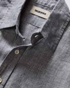 material shot of the collar on The Short Sleeve California in Faded Navy Hemp, Wovens by Taylor Stitch