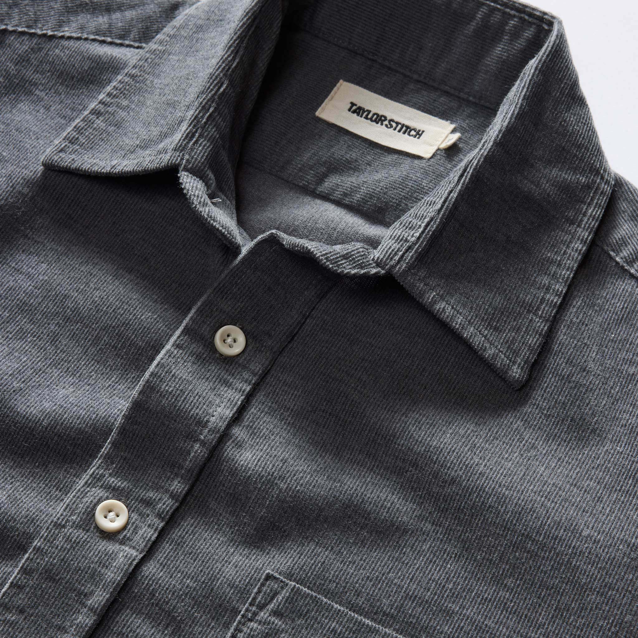 material shot of the collar on The Short Sleeve California in Heather Slate Cord, Wovens by Taylor Stitch