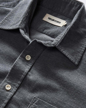 material shot of the collar on The Short Sleeve California in Heather Slate Cord, Wovens by Taylor Stitch