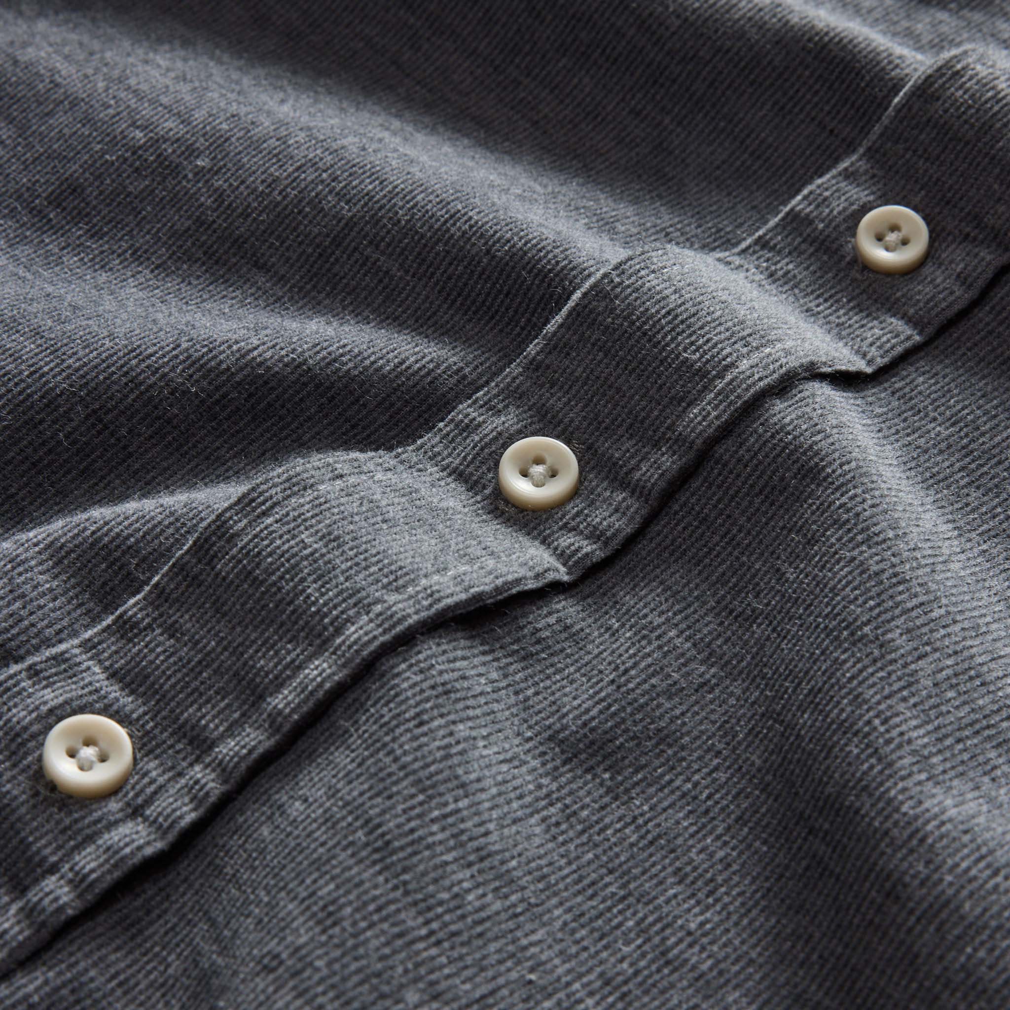material shot of the buttons on The Short Sleeve California in Heather Slate Cord, Wovens by Taylor Stitch