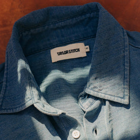 editorial image of the collar on The Short Sleeve California in Washed Indigo Slub