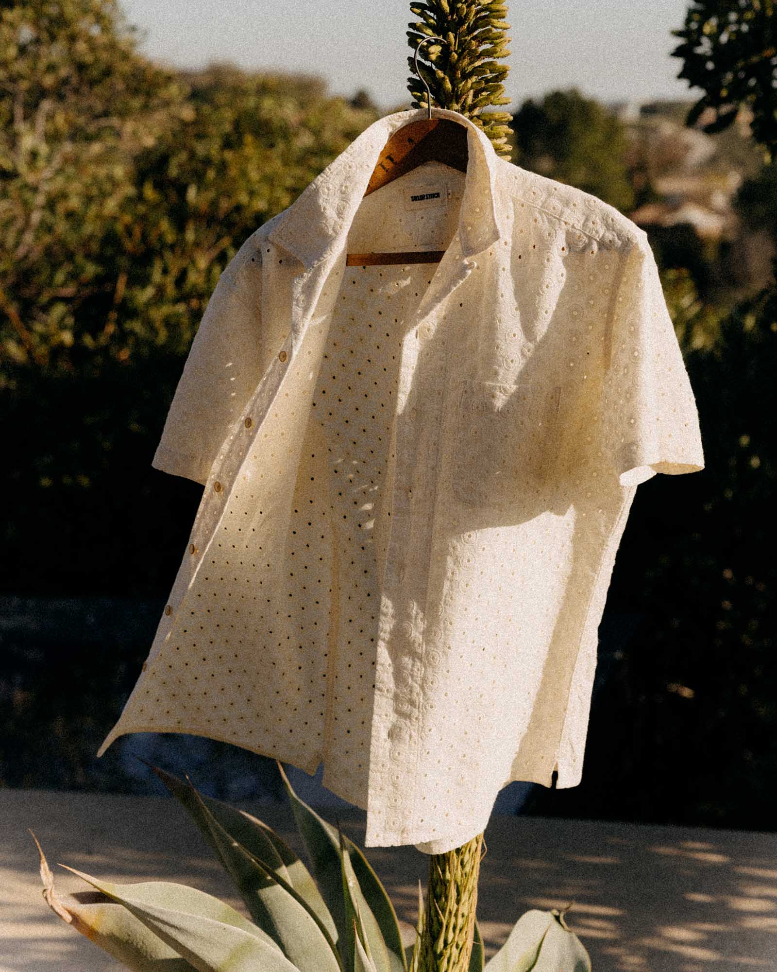 editorial image of The Short Sleeve Hawthorne in Vintage White Embroidered Eyelet on a hanger, Wovens by Taylor Stitch