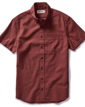 flatlay of The Short Sleeve Jack in Dried Cherry Seersucker, Wovens by Taylor Stitch