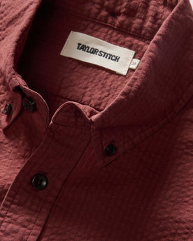material shot of the collar on The Short Sleeve Jack in Dried Cherry Seersucker, Wovens by Taylor Stitch