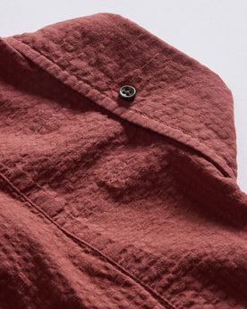 material shot of the back collar on The Short Sleeve Jack in Dried Cherry Seersucker, Wovens by Taylor Stitch