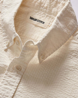 material shot of the collar on The Short Sleeve Jack in Natural Seersucker, Wovens by Taylor Stitch