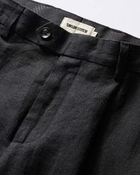 material shot of the waistband on The Thomas Trouser in Coal Linen Twill, Bottoms by Taylor Stitch