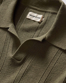 material shot of the collar on The Valencia Sweater Polo in Cilantro Rib, Knits by Taylor Stitch