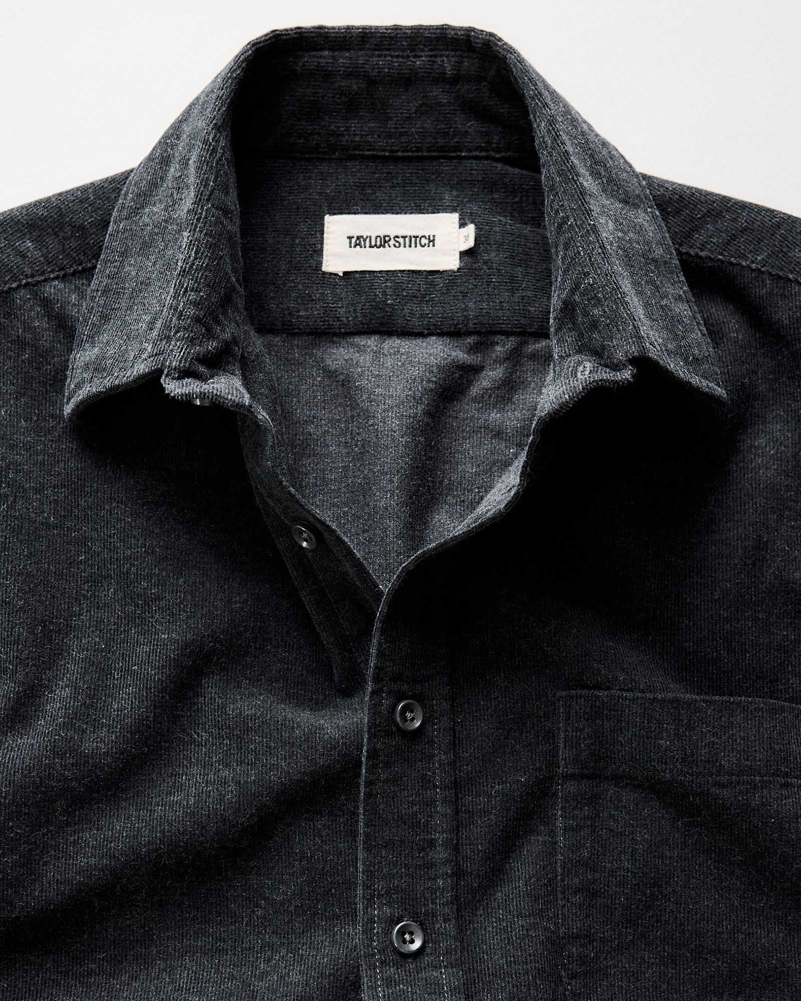 material shot of the collar on The Short Sleeve California in Heather Coal Cord, Wovens by Taylor Stitch