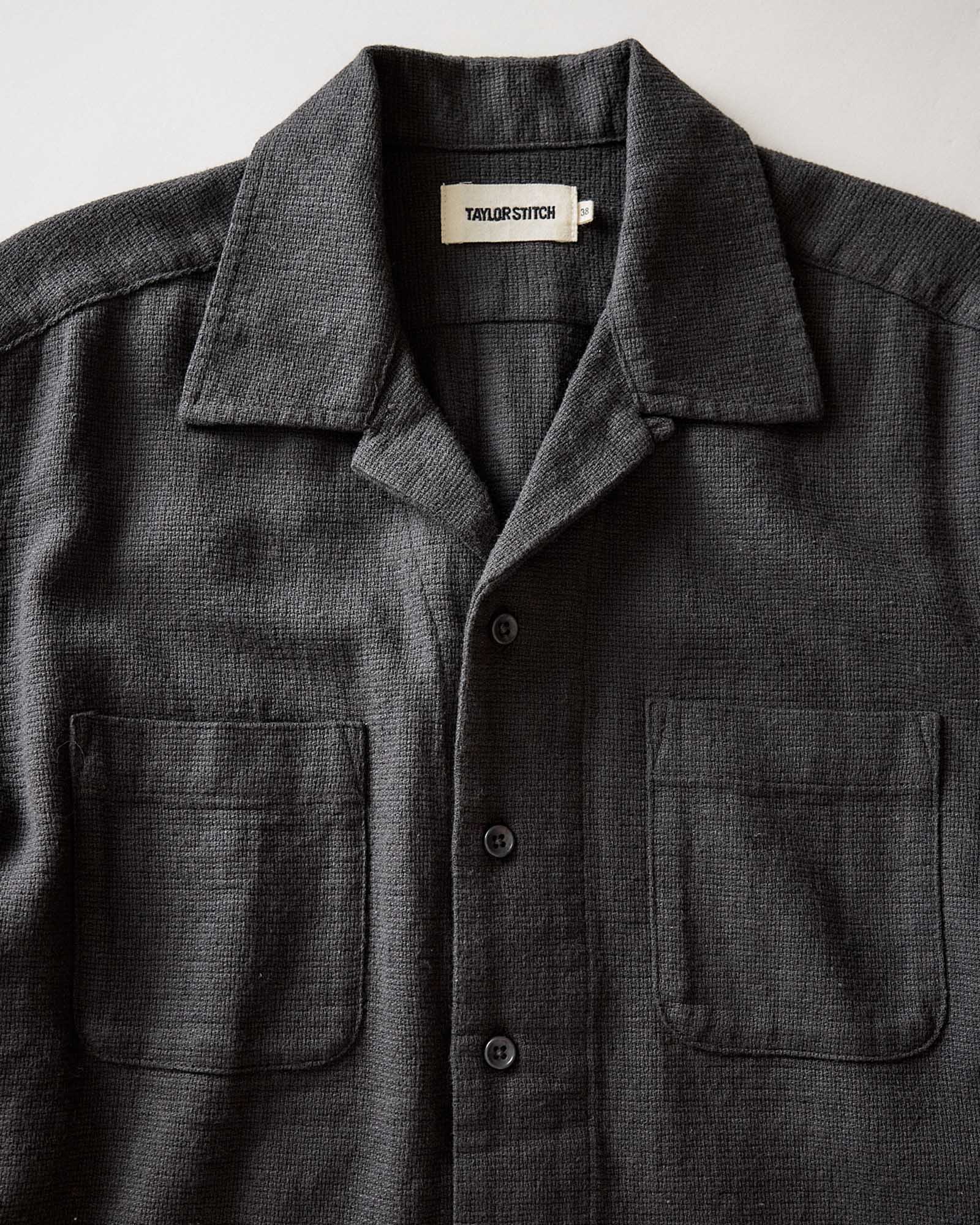 material shot of the collar on The Conrad Shirt in Faded Black Linen, Wovens by Taylor Stitch