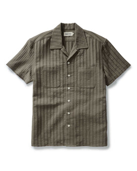 flatlay of The Conrad Shirt in Fatigue Olive Dobby Stripe, Wovens by Taylor Stitch