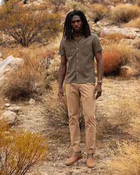 fit model posing in The Conrad Shirt in Fatigue Olive Dobby Stripe, Wovens by Taylor Stitch