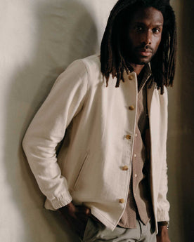 fit model posing in The Crew Jacket in Seeded Natural Sashiko, Outerwear by Taylor Stitch