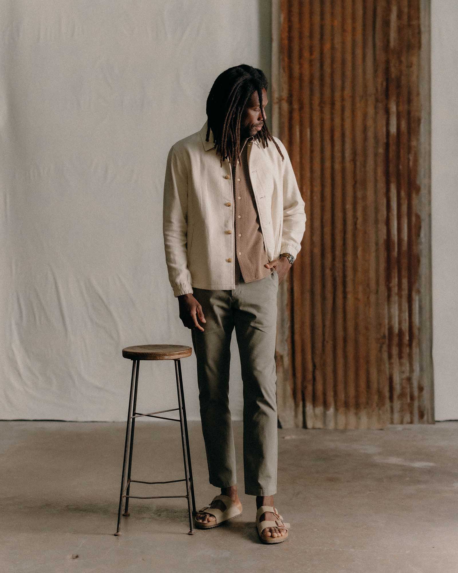 fit model posing in The Crew Jacket in Seeded Natural Sashiko, Outerwear by Taylor Stitch