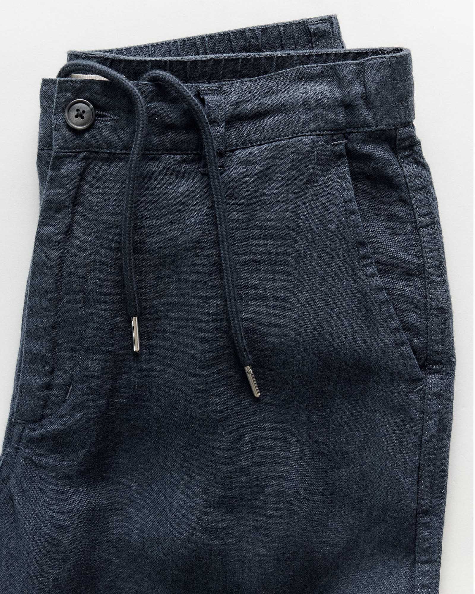 material shot of the waistband on The Easy Pant in Navy Linen, Bottoms by Taylor Stitch