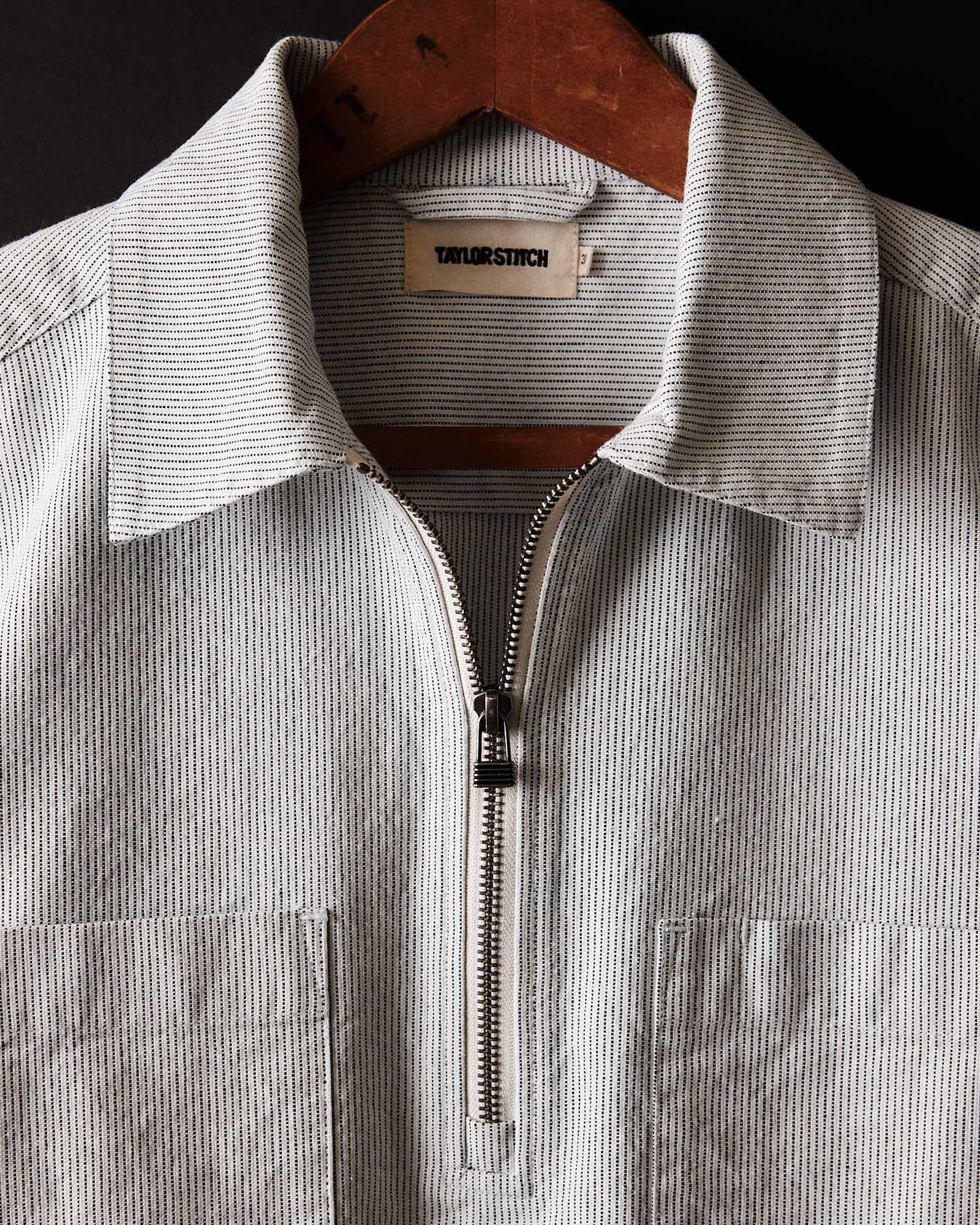 material shot of the collar on The Exhaust Shirt in Natural Stripe, Wovens by Taylor Stitch