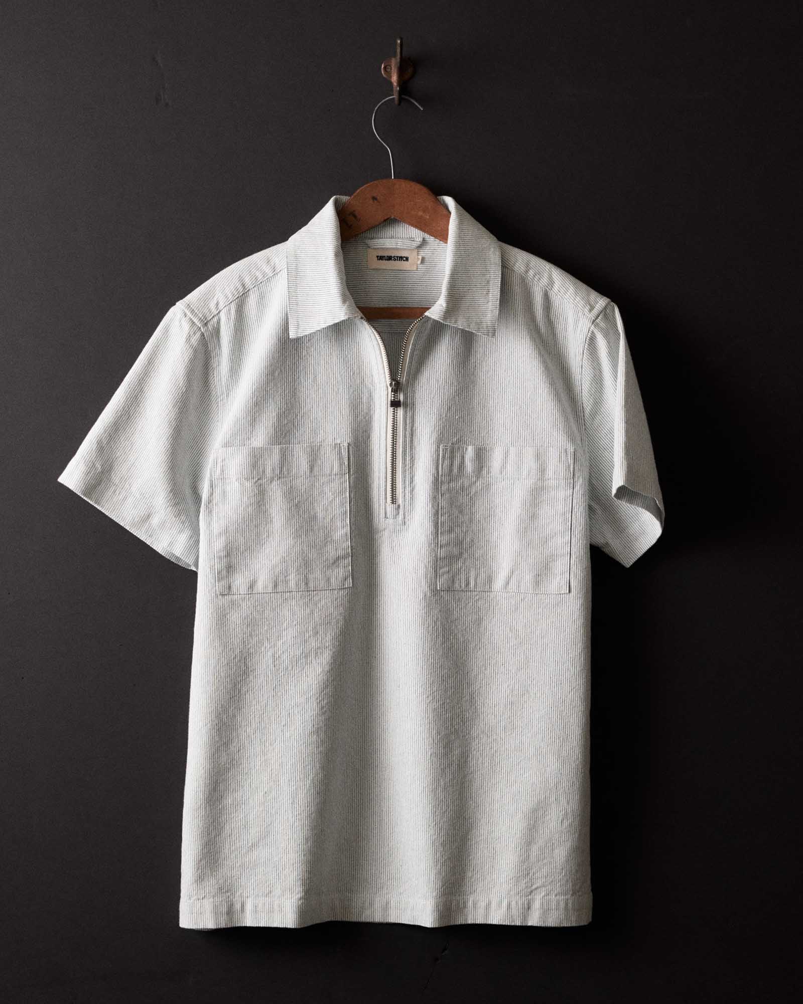 editorial image of The Exhaust Shirt in Natural Stripe hanging, Wovens by Taylor Stitch