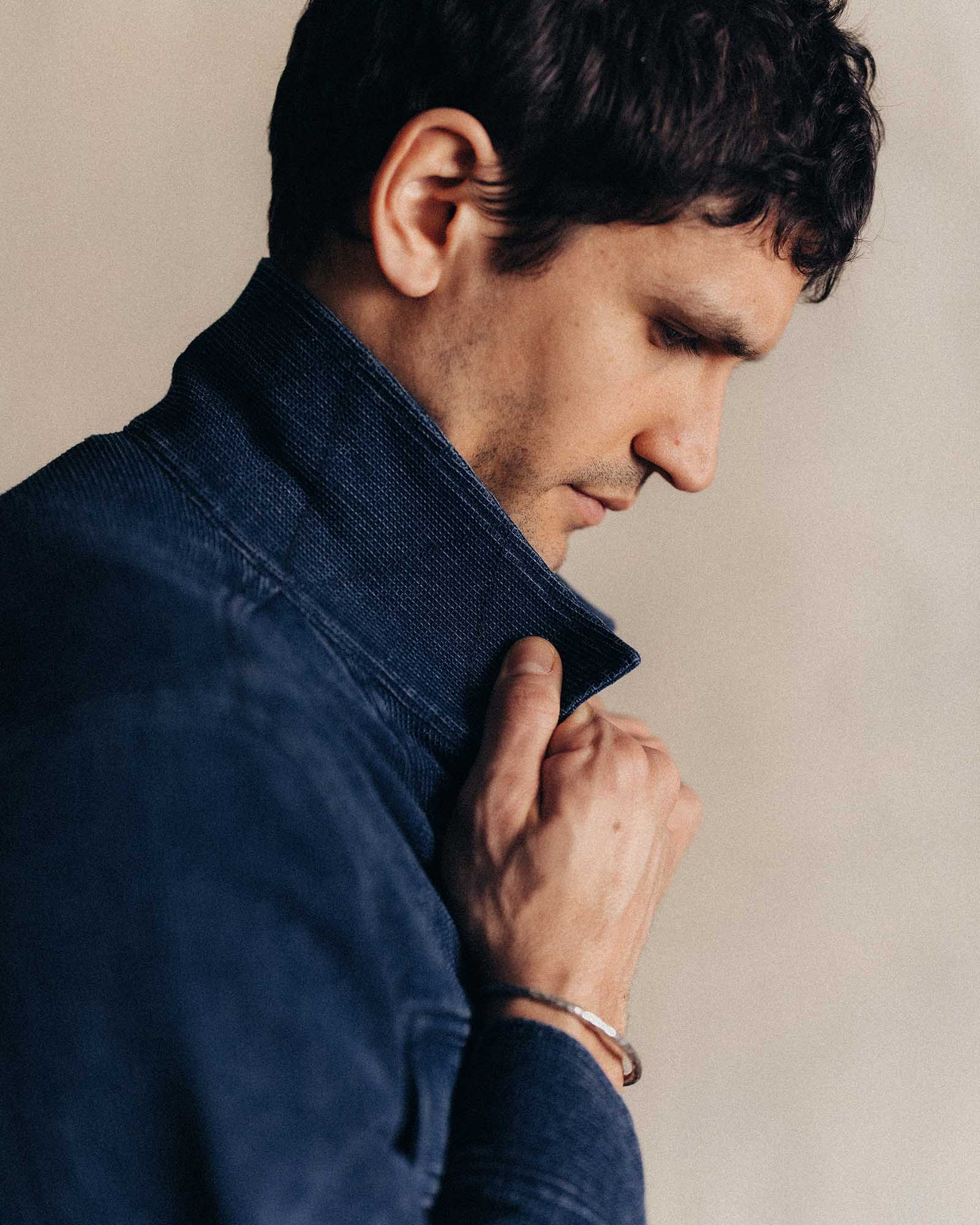 fit model showing the collar detail on The Long Haul Jacket in Rinsed Indigo Waffle, Outerwear by Taylor Stitch