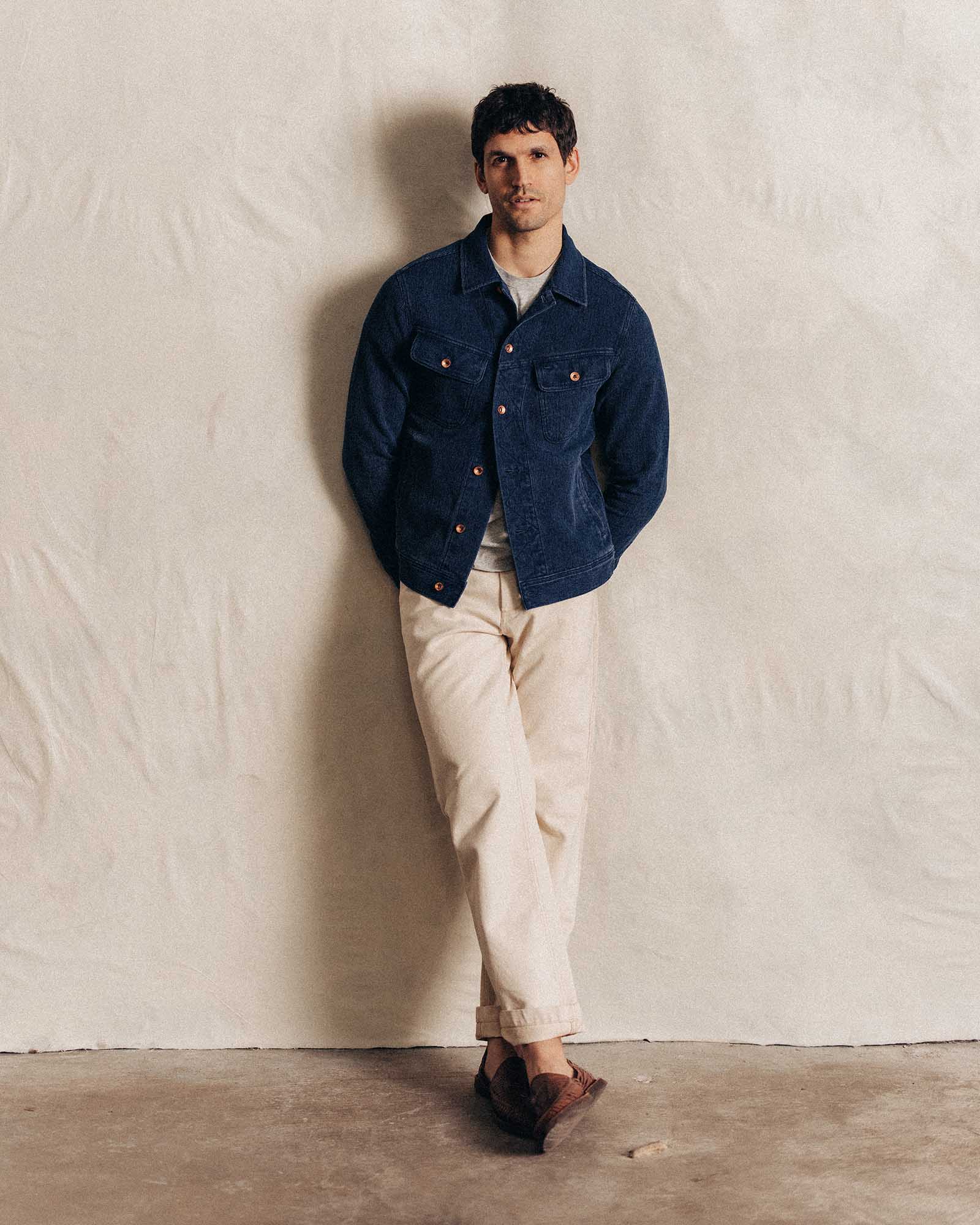 fit model wearing The Long Haul Jacket in Rinsed Indigo Waffle, Outerwear by Taylor Stitch