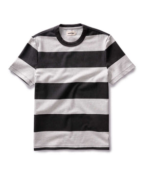 flatlay of The Organic Cotton Shop Tee in Faded Black Stripe, Knits by Taylor Stitch