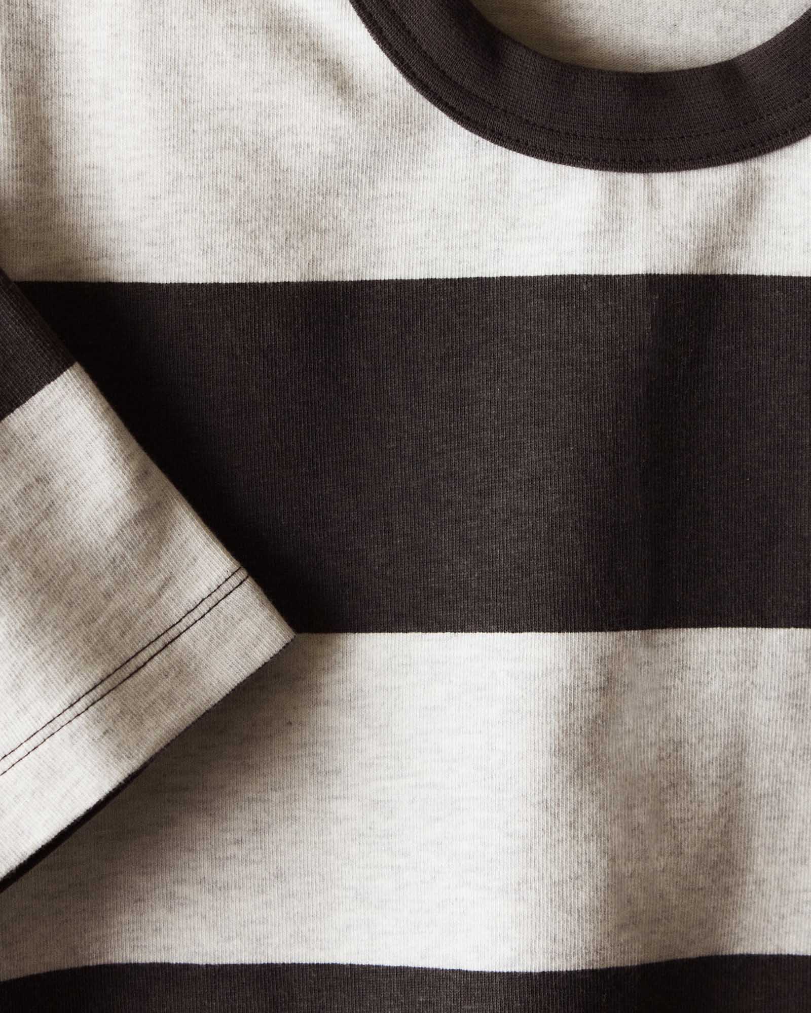 material shot of the collar on The Organic Cotton Shop Tee in Faded Black Stripe, Knits by Taylor Stitch