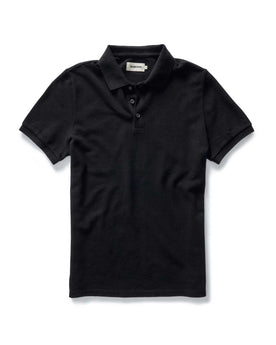 flatlay of The Pacific Polo in Black Indigo Pique, Knits by Taylor Stitch