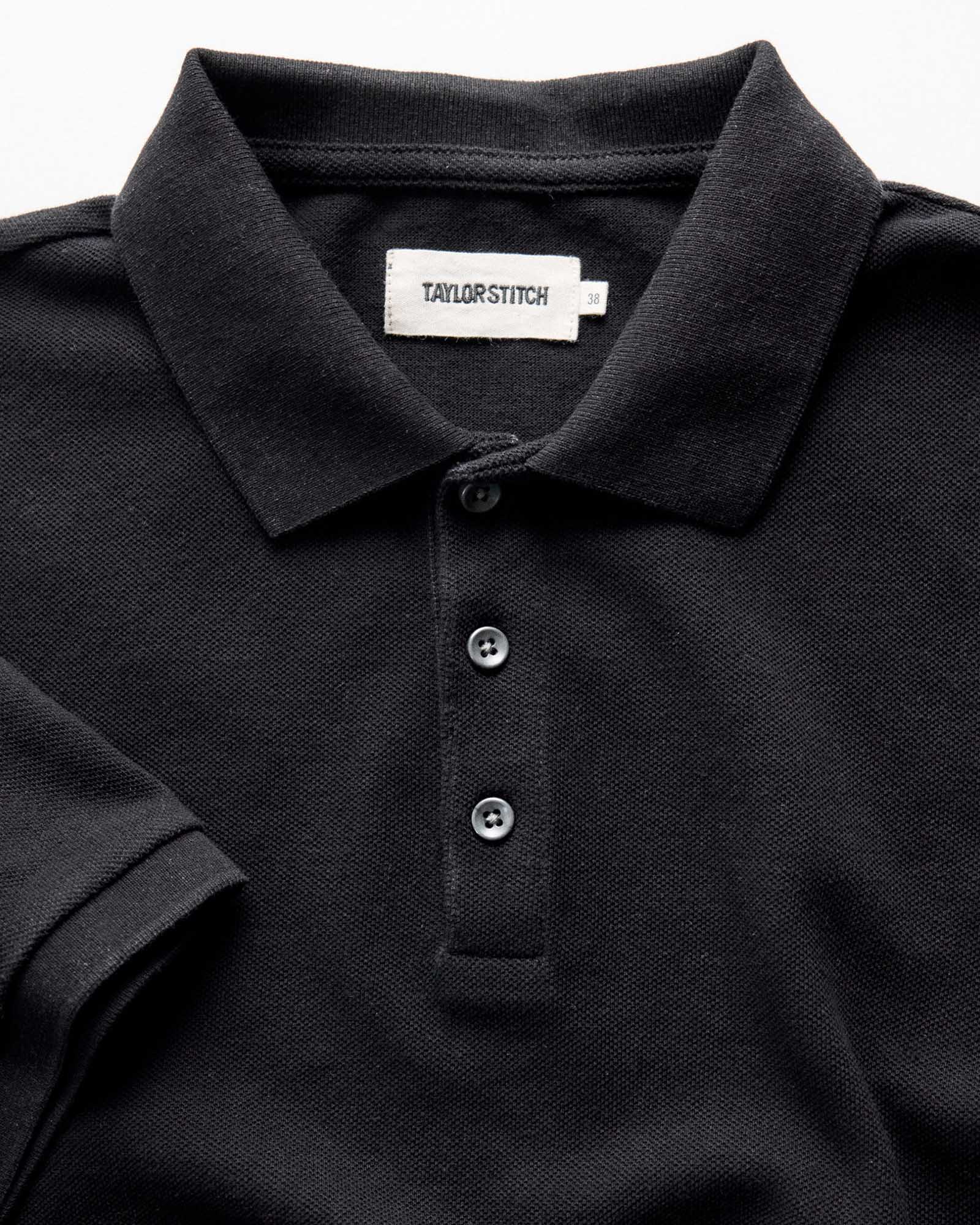 material shot of the collar on The Pacific Polo in Black Indigo Pique, Knits by Taylor Stitch