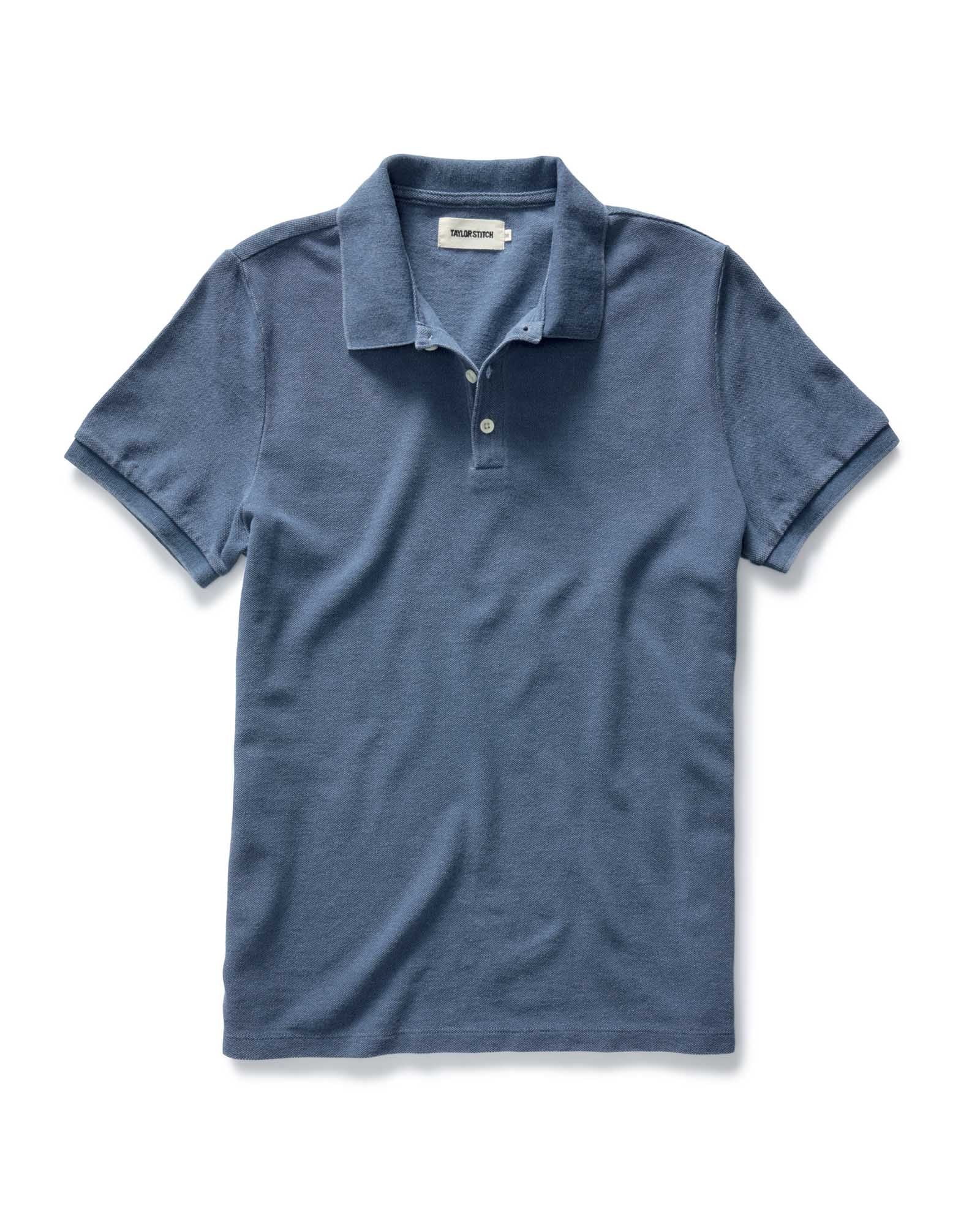 flatlay of The Pacific Polo in Washed Indigo Pique, Knits by Taylor Stitch