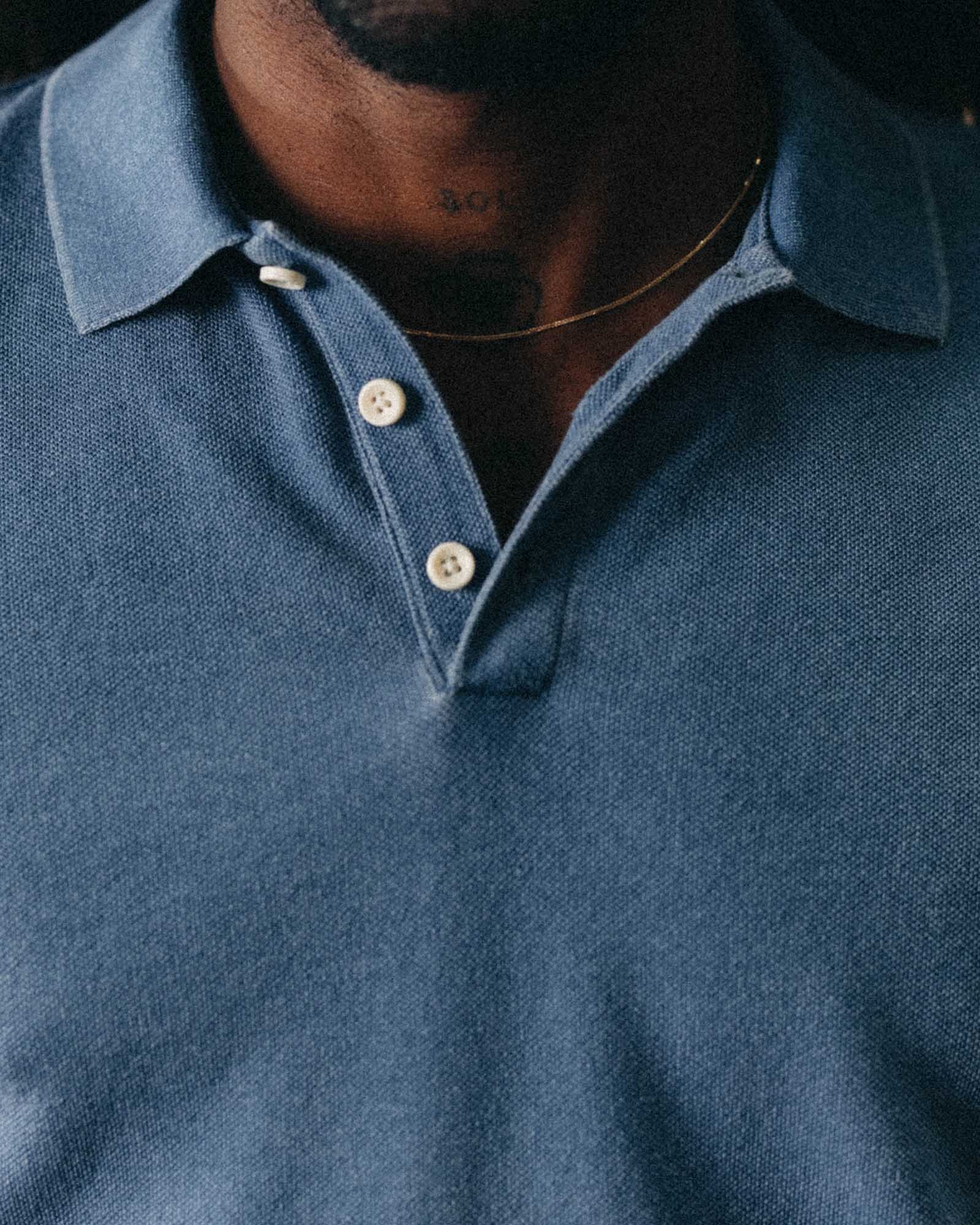 fit model showing off the collar on The Pacific Polo in Washed Indigo Pique, Knits by Taylor Stitch