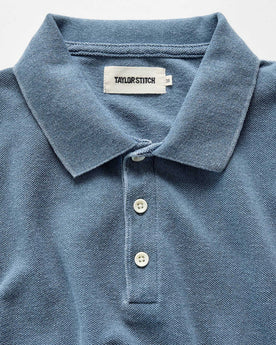 material shot of the collar on The Pacific Polo in Washed Indigo Pique, Knits by Taylor Stitch