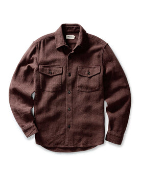 editorial image of The Point Shirt in Burgundy Linen Tweed hanging, Wovens by Taylor Stitch