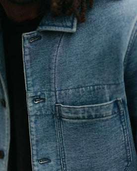 fit model showing off the pockets on The Primer Jacket in Washed Indigo Terry, Outerwear by Taylor Stitch