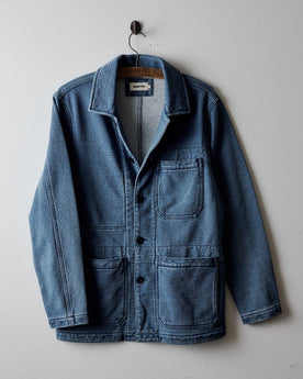 editorial image of The Primer Jacket in Washed Indigo Terry hanging, Outerwear by Taylor Stitch