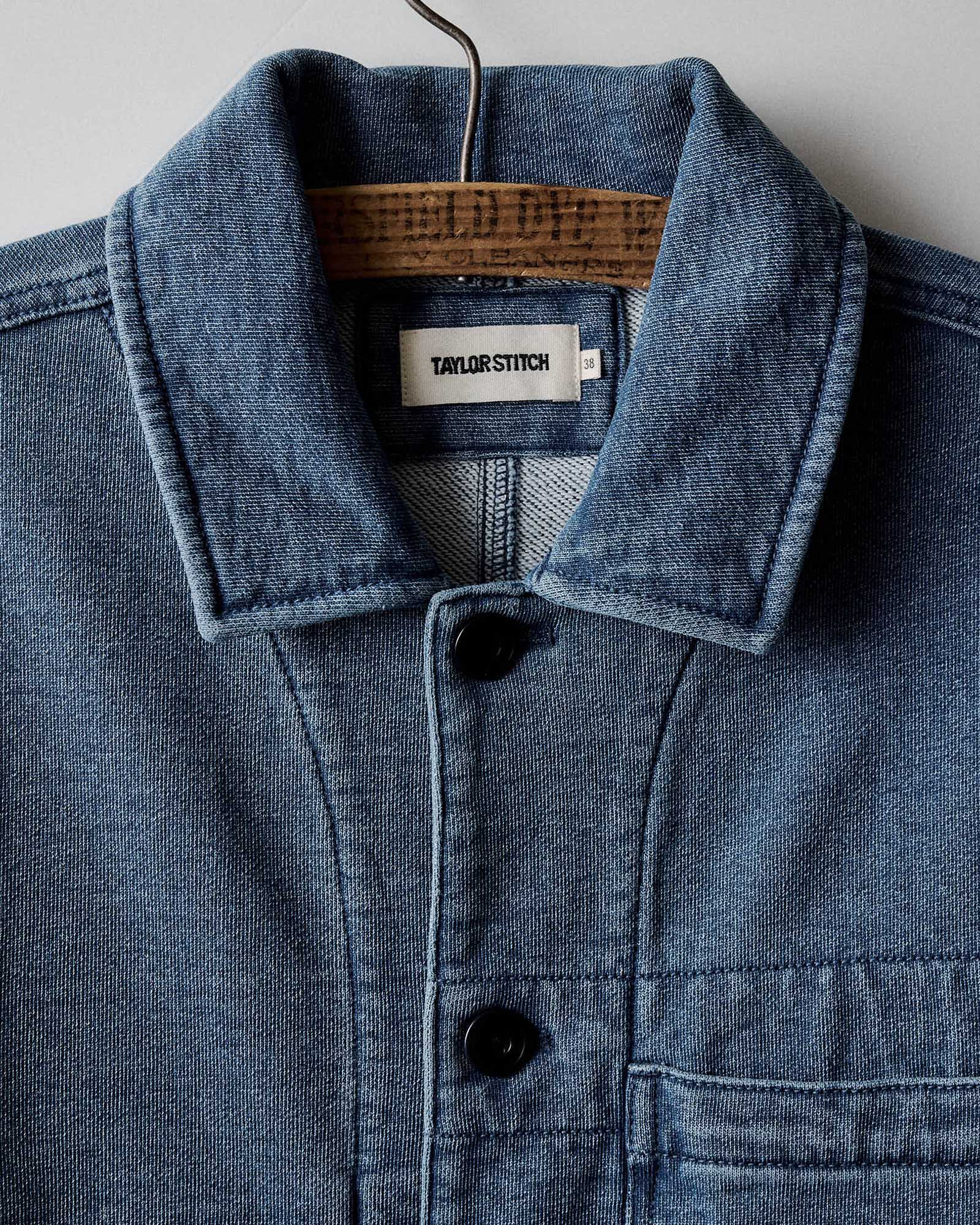 editorial image of the collar on The Primer Jacket in Washed Indigo Terry, Outerwear by Taylor Stitch