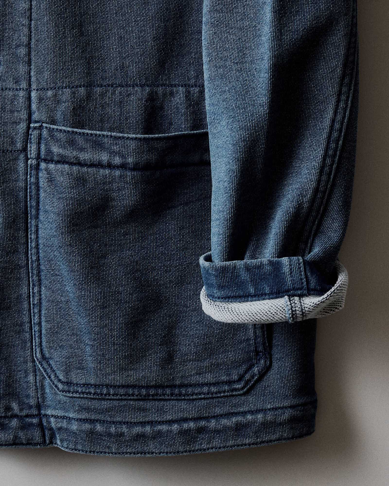 material shot of the sleeves on The Primer Jacket in Washed Indigo Terry, Outerwear by Taylor Stitch