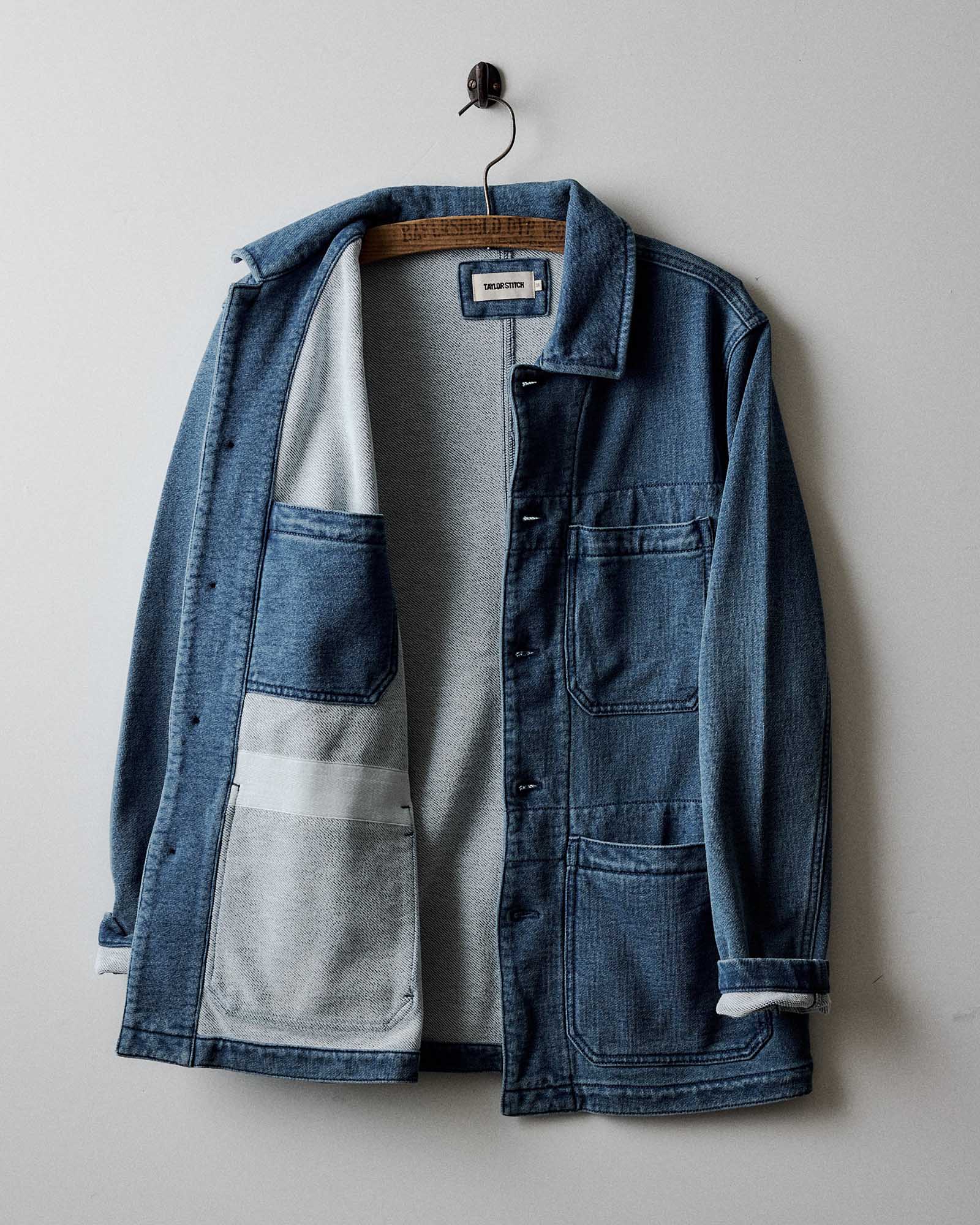 editorial image of the inside of The Primer Jacket in Washed Indigo Terry, Outerwear by Taylor Stitch