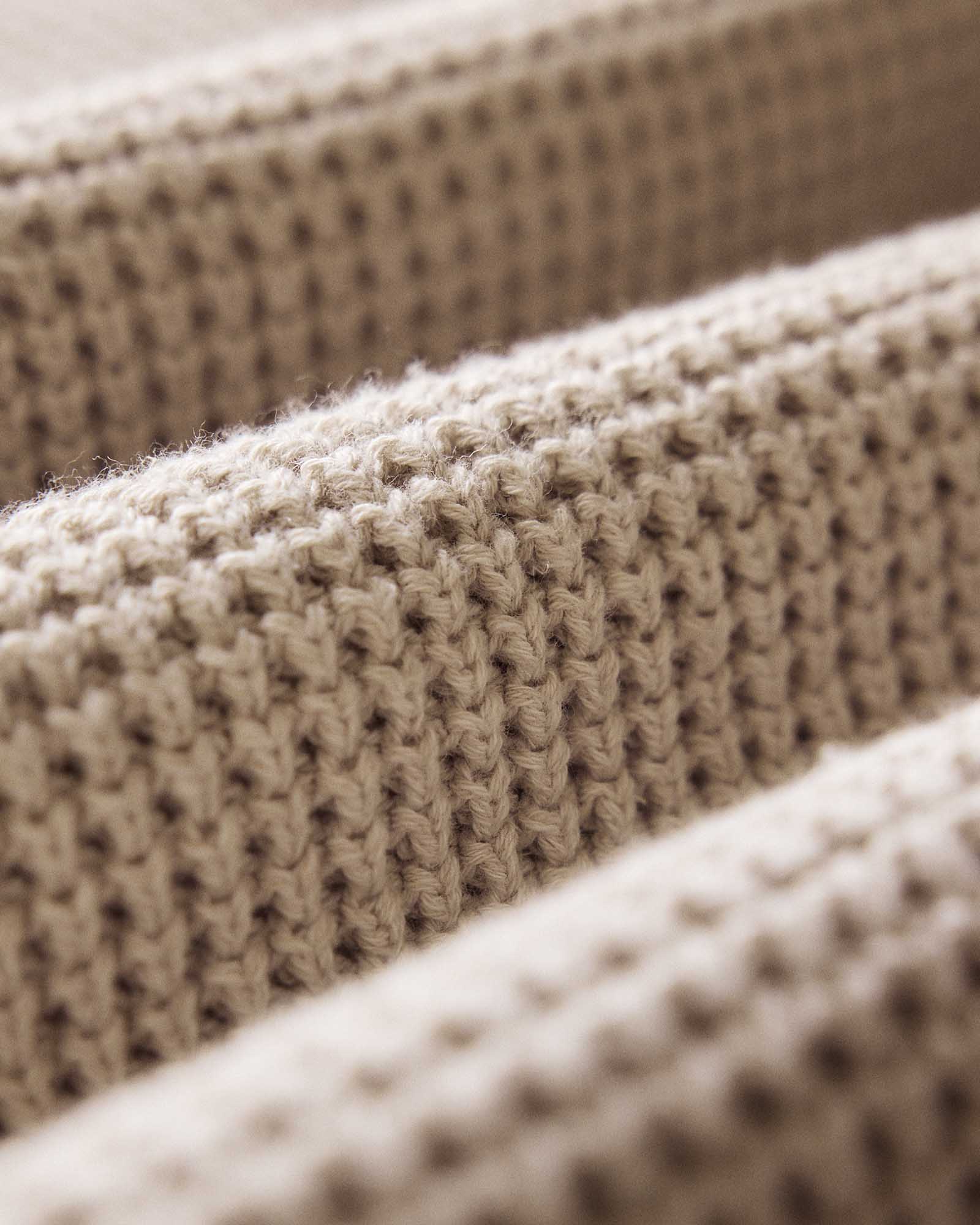 material shot of the texture on The Ranger Sweater in Heather Fog Linen Waffle, Knits by Taylor Stitch