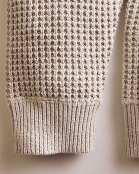 aterial shot of the cuff on The Ranger Sweater in Heather Fog Linen Waffle, Knits by Taylor Stitch