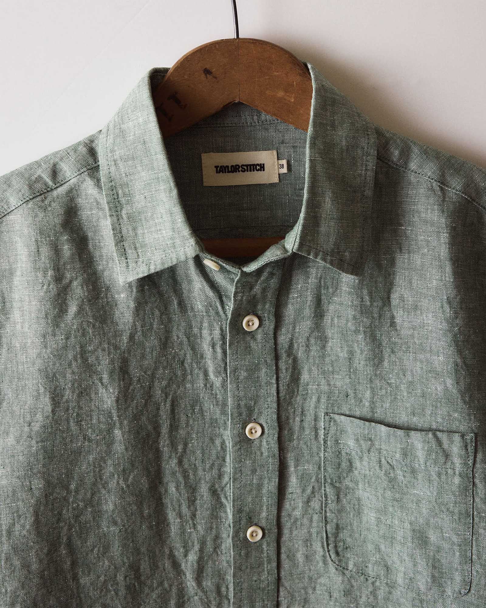 editorial image of The Short Sleeve California in Cilantro Hemp hanging, Wovens by Taylor Stitch