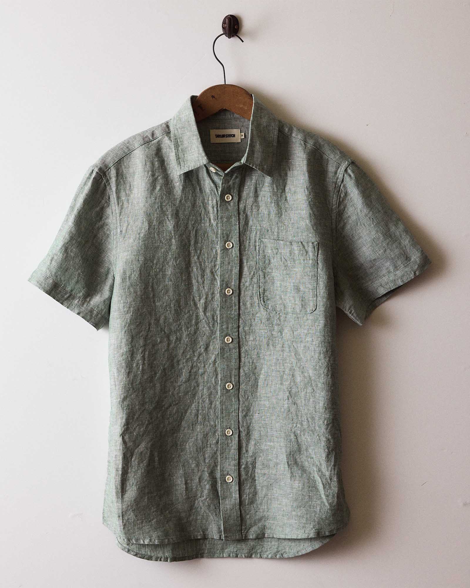 editorial image of The Short Sleeve California in Cilantro Hemp hanging, Wovens by Taylor Stitch