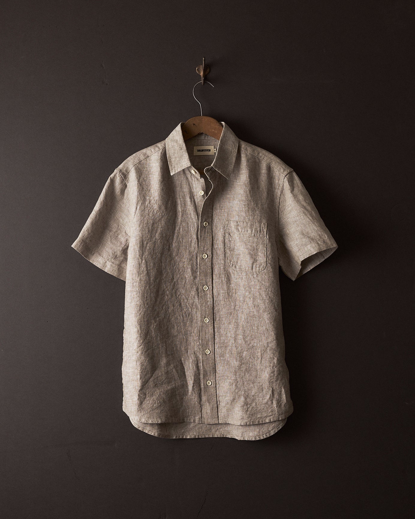 editorial image of The Short Sleeve California in Morel Hemp hanging, Wovens by Taylor Stitch